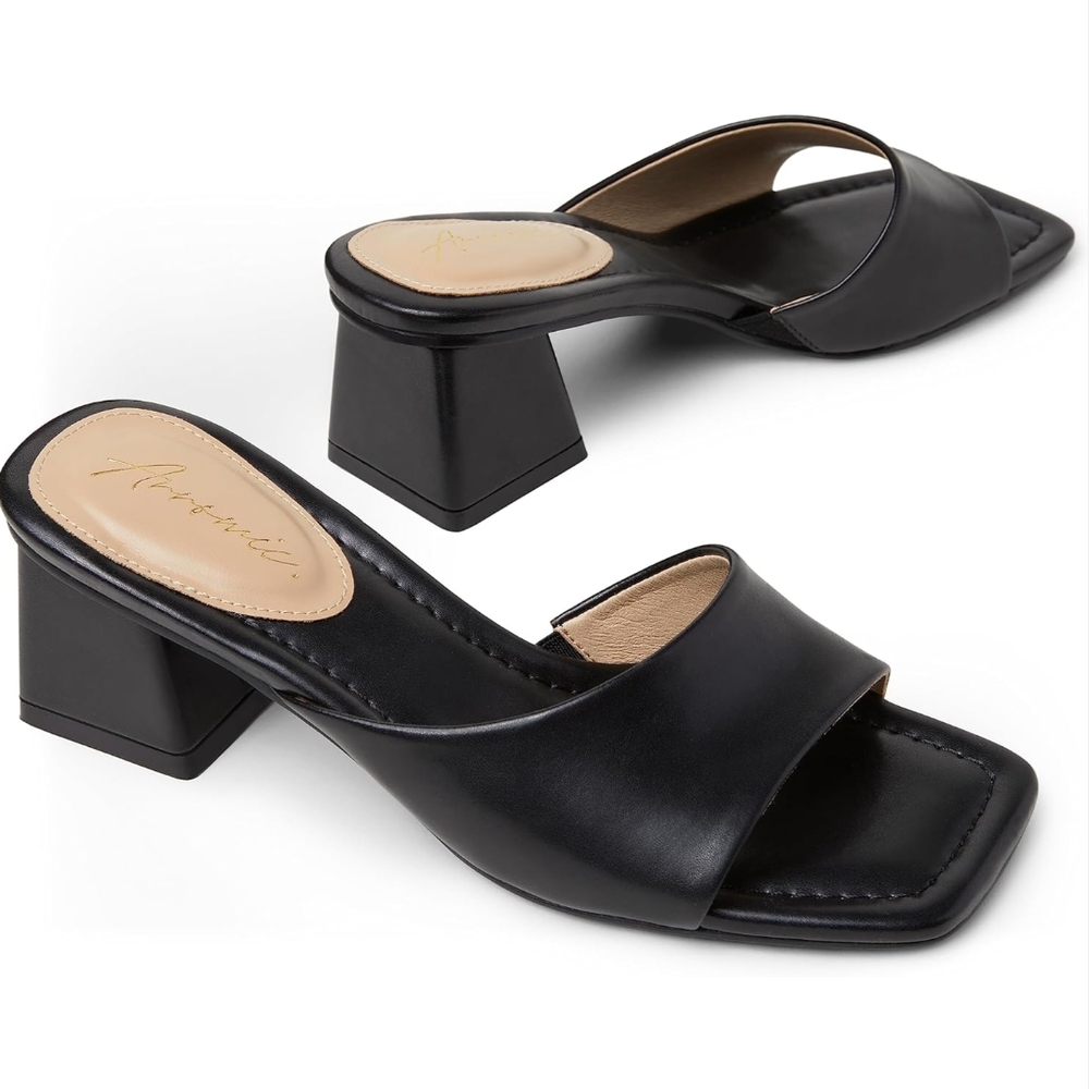 Black Heels with Low Block Heel and Slip-On Design